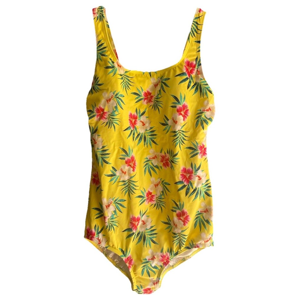 Lands' End sz 14  Women's  Yellow One Piece Swimsuit With hibiscus Flowers